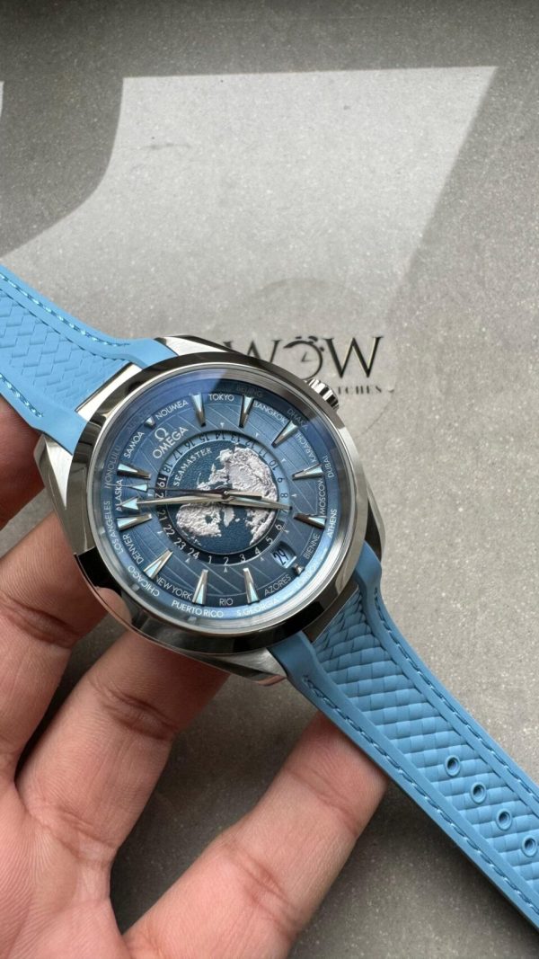 Replica Omega Aqua Terra GMT Worldtimer 43mm VSF 1:1 Best Edition Summer Blue Dial on Blue Rubber Strap A8938 - Image 2