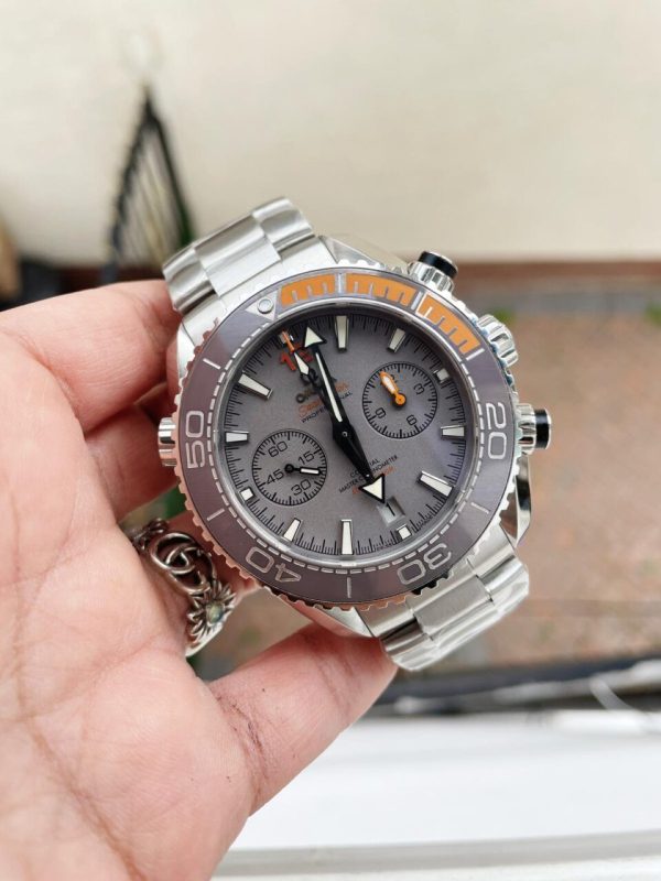 Replica Omega Planet Ocean SEAMASTER Chronometer OMF SS Grey/Orange Polished Bezel Grey Dial on SS Bracelet A9900 (Black Balance Wheel)