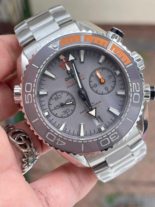 Replica Omega Planet Ocean SEAMASTER Chronometer OMF SS Grey/Orange Polished Bezel Grey Dial on SS Bracelet A9900 (Black Balance Wheel) - Image 5
