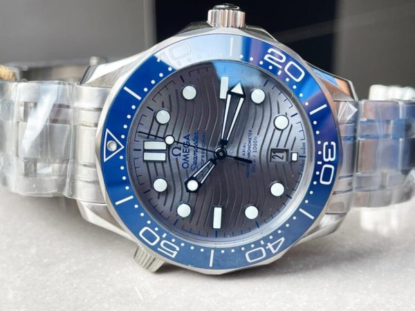2018 Replica Omega Seamaster Diver 300M VSF 1:1 Best Edition Blue Ceramic Grey Dial on Silver Steel Strap A8800 V2 (Black Balance Wheel) - Image 2