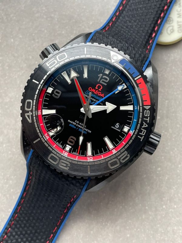 Replica Omega Seamaster Planet Ocean 600M GMT ETNZ Deep Black 45.5mm VSF Ceramic Black Dial Swiss 8906 - Image 4