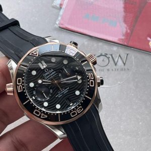 Replica Omega SEAMASTER 300M CHRONO SS/RG OMF 1:1 BEST EDITION BLACK DIAL ON BLACK RUBBER STRAP A9900