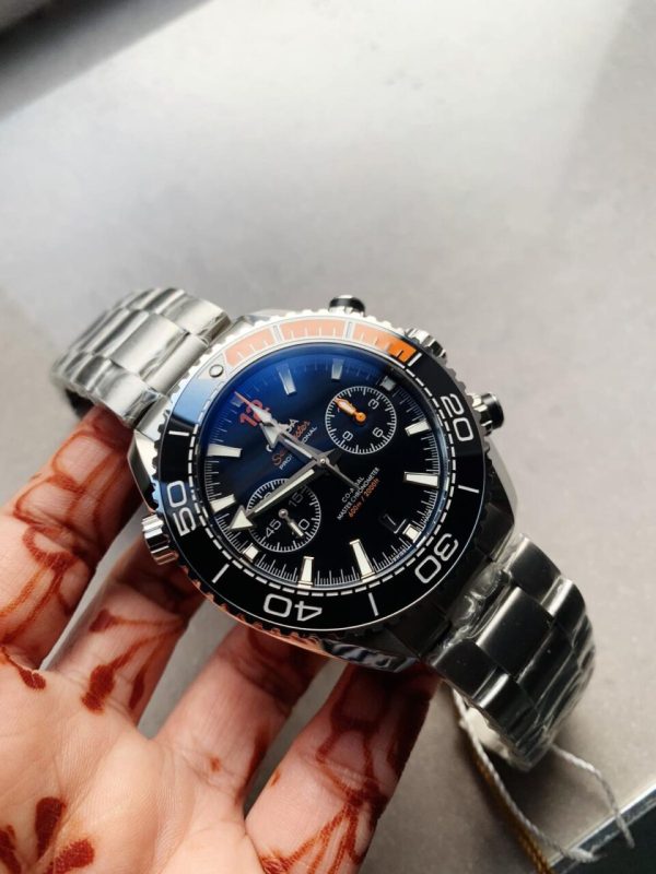 Replica Omega Planet Ocean SeaMaster Chronometer OMF SS Black/Orange Polished Bezel Black Dial on SS Bracelet A9900 (Black Balance Wheel) - Image 4
