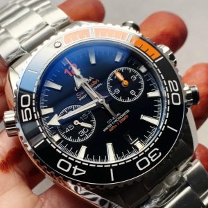 Replica Omega Planet Ocean SeaMaster Chronometer OMF SS Black/Orange Polished Bezel Black Dial on SS Bracelet A9900 (Black Balance Wheel)