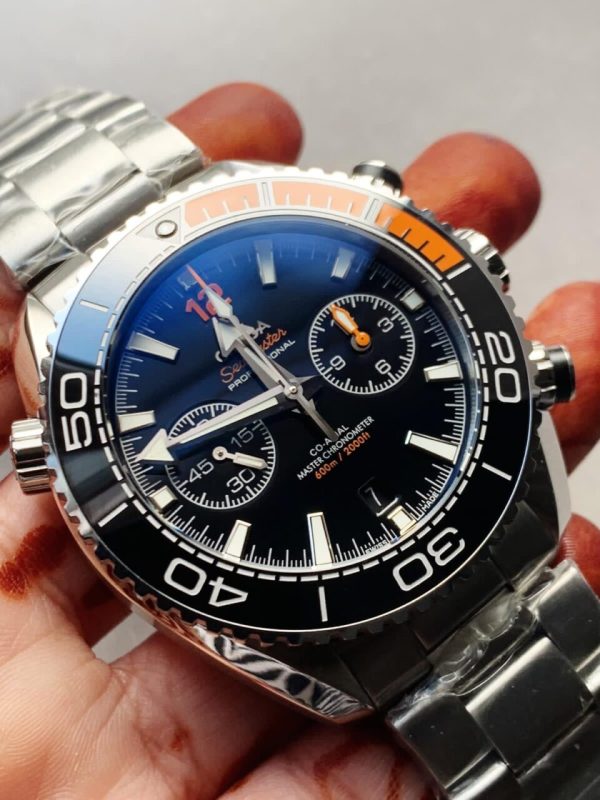 Replica Omega Planet Ocean SeaMaster Chronometer OMF SS Black/Orange Polished Bezel Black Dial on SS Bracelet A9900 (Black Balance Wheel)