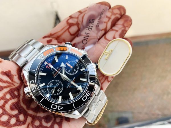 Replica Omega Planet Ocean SeaMaster Chronometer OMF SS Black/Orange Polished Bezel Black Dial on SS Bracelet A9900 (Black Balance Wheel) - Image 2