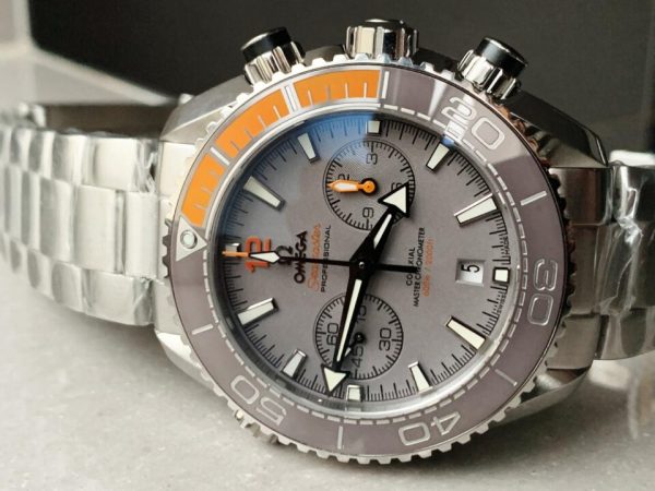 Replica Omega Planet Ocean SEAMASTER Chronometer OMF SS Grey/Orange Polished Bezel Grey Dial on SS Bracelet A9900 (Black Balance Wheel) - Image 3