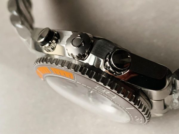 Replica Omega Planet Ocean SEAMASTER Chronometer OMF SS Grey/Orange Polished Bezel Grey Dial on SS Bracelet A9900 (Black Balance Wheel) - Image 9