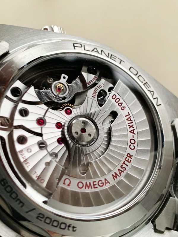 Replica Omega Planet Ocean SEAMASTER Chronometer OMF SS Grey/Orange Polished Bezel Grey Dial on SS Bracelet A9900 (Black Balance Wheel) - Image 10