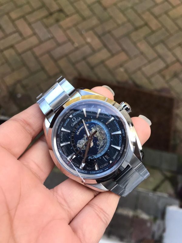 Replica Omega Seamaster Aqua Terra Worldtimer VSF 1:1 Best Edition Blue Dial on SS Bracelet A8938