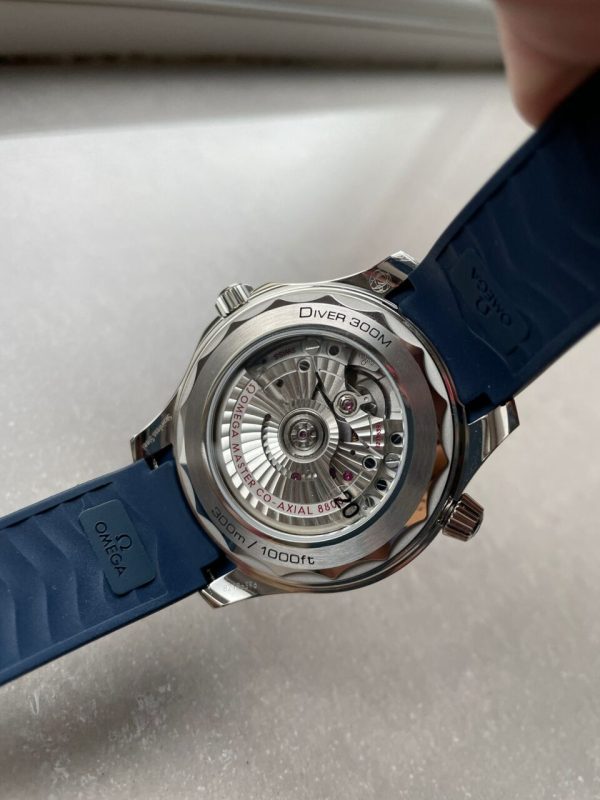 2018 Replica Omega Seamaster Diver 300M VSF 1:1 Best Edition Blue Ceramic Grey Dial on blue rubber strap Strap A8800 - Image 7